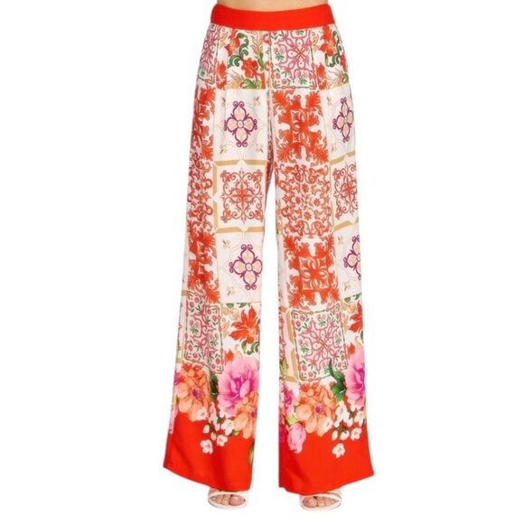 Womens Medium Bright Orange Floral Printed Wide Leg Lounge Pants Pull On NWT - Picture 1 of 7
